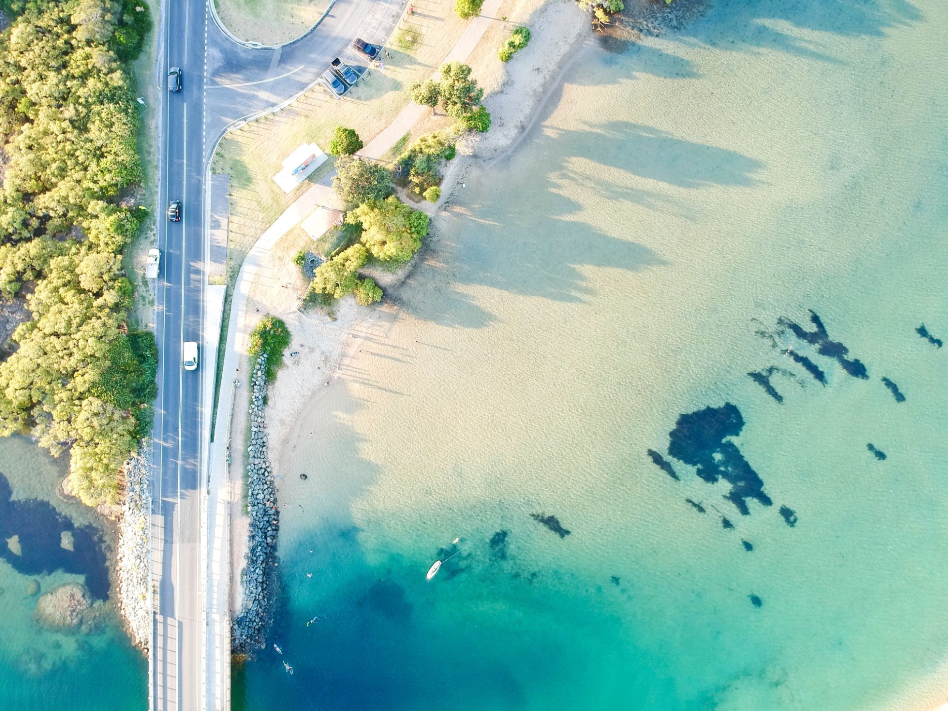 Kingscliff NSW coastal road aerial — relaxed, brighter